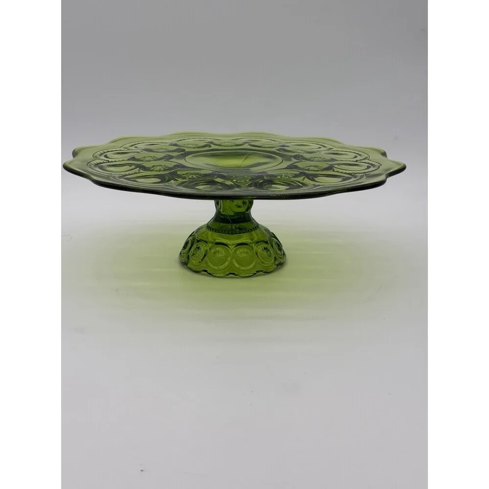 MCM LE Smith Moon & Star Cake Stand Heritage Green Art Glass Pastry Plate 11”